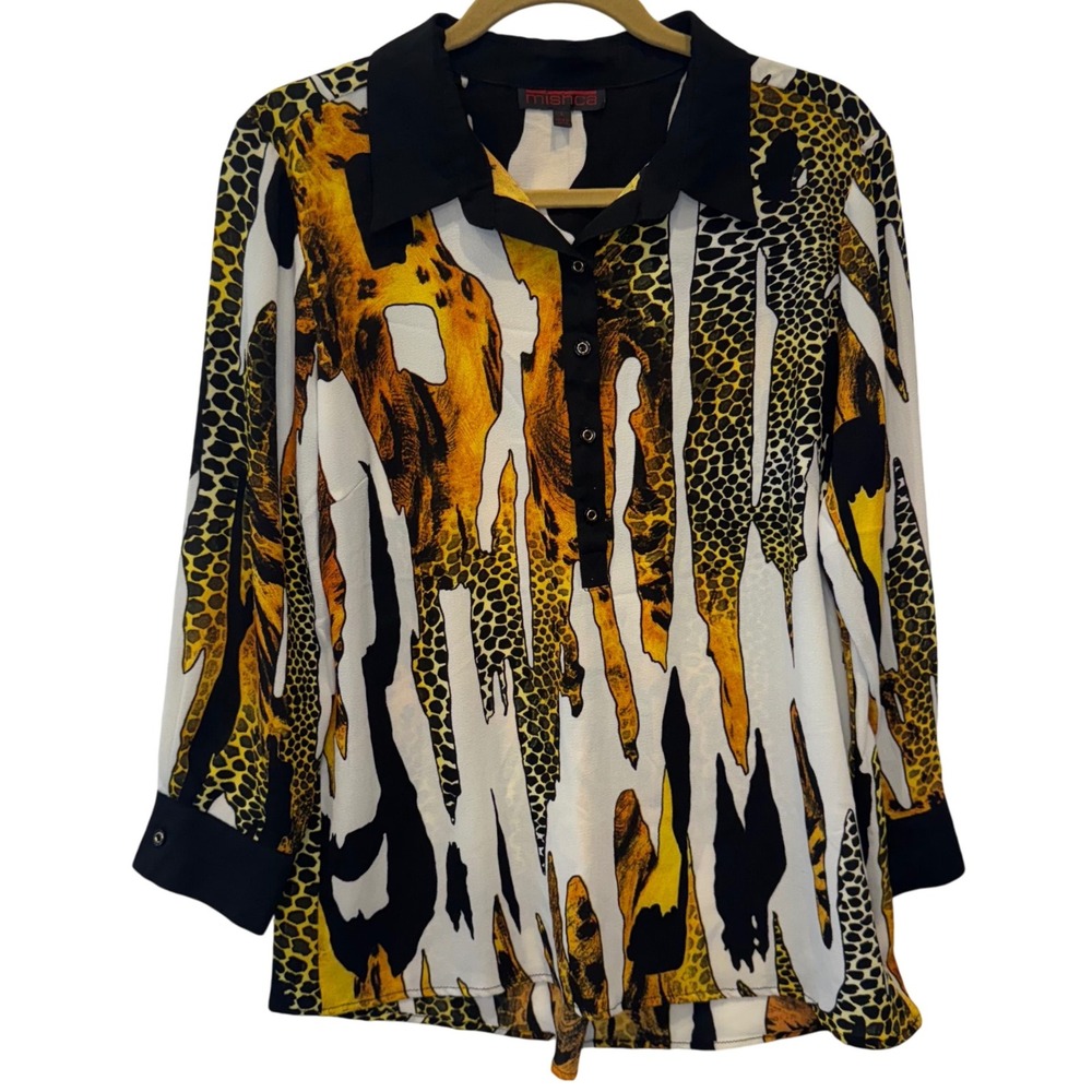 VTG Mishca Artsy Animal Print Long Sleeve Collared‎ Button Up Top Womens Large